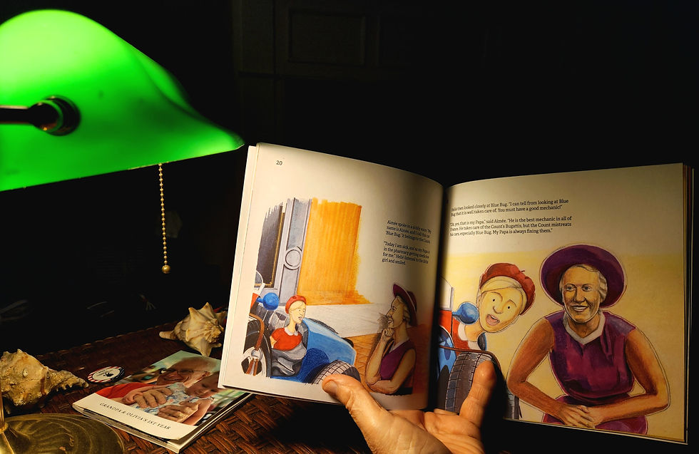 Aimée is in the village waiting on her papa when a mystery woman appears and admires Blue Bug. It turns out that the woman is a famous Team Bugatti race driver, and she races a Type 35 like what Aimée is seated in!