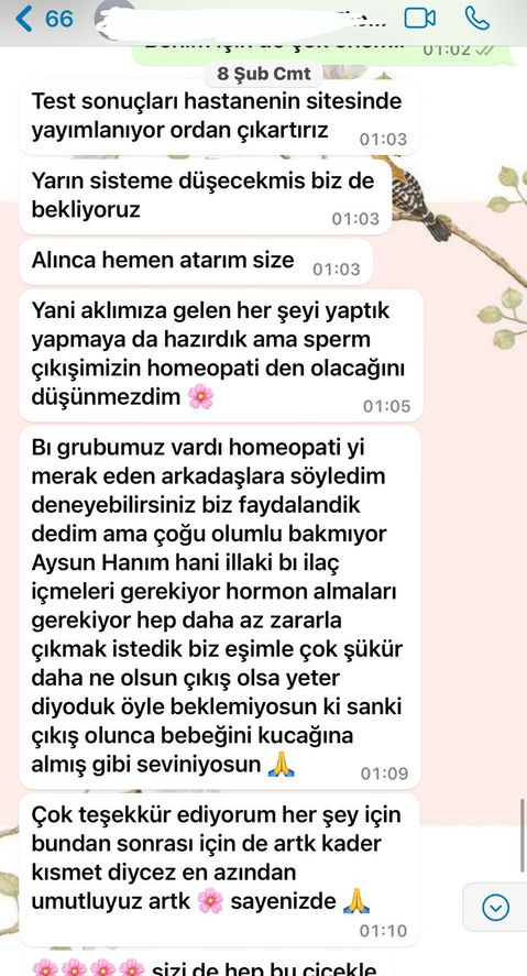 Homeopati tedavisi ile sperm çıkışında iyileşme yaşayan danışanın Homeopat Aysun Bayrak'a müjdeli haber verdiği konuşma.
