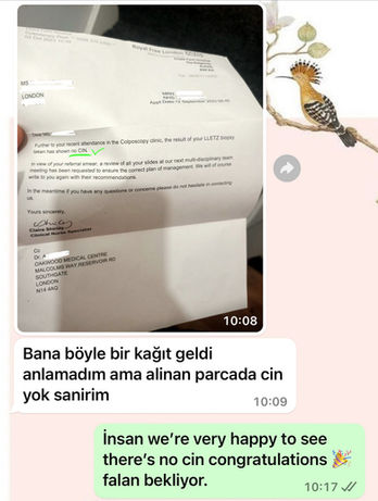 Homeopati tedavisi sonrası iyileşen danışanın negatif CIN (Servikal Intraepitelyal Neoplazi) sonucu. 