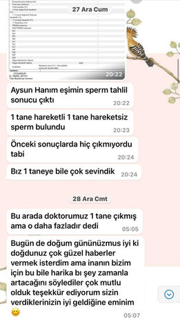 Homeopati tedavisi ile sperm probleminde iyileşme yaşayan danışanın Homeopat Aysun Bayrak'a müjdeli haber verdiği konuşma.