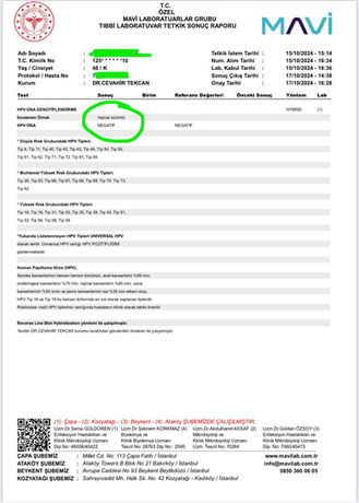 Homeopati tedavisi sonrası iyileşen danışanın negatif HPV test sonucu.