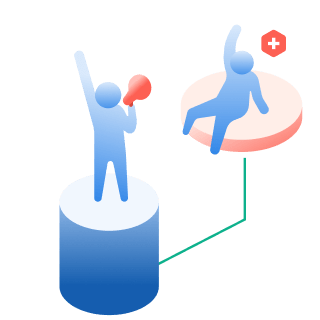 Two stick figures connected by a line, one holding a lightbulb and the other a plus sign