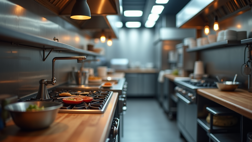 Close-up view of a restaurant kitchen with modern cooking equipment