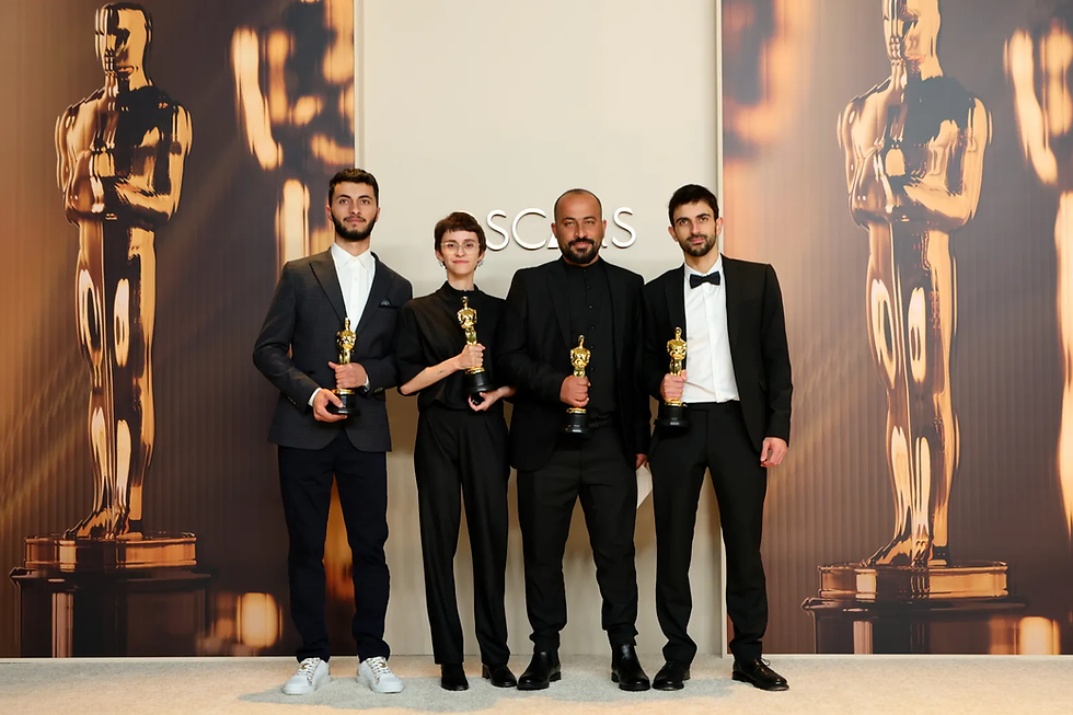 'No Other Land' filmmakers Yuval Abraham, Rachel Szor, Hamdan Ballal, and Basel Adra at the Oscars.