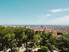 Barcelona Stadtpanorama mit grünen Bäumen und Meer am Horizont