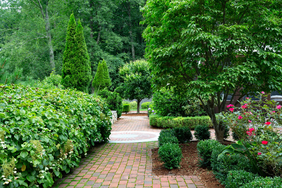 Beautiful brick pathway with mature foliage and red flowering plants.