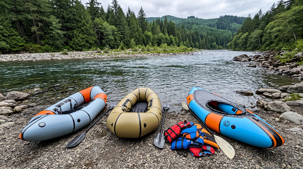 Go North Carver, Badger and Stance packrafts lined up on a riverbank for comparison