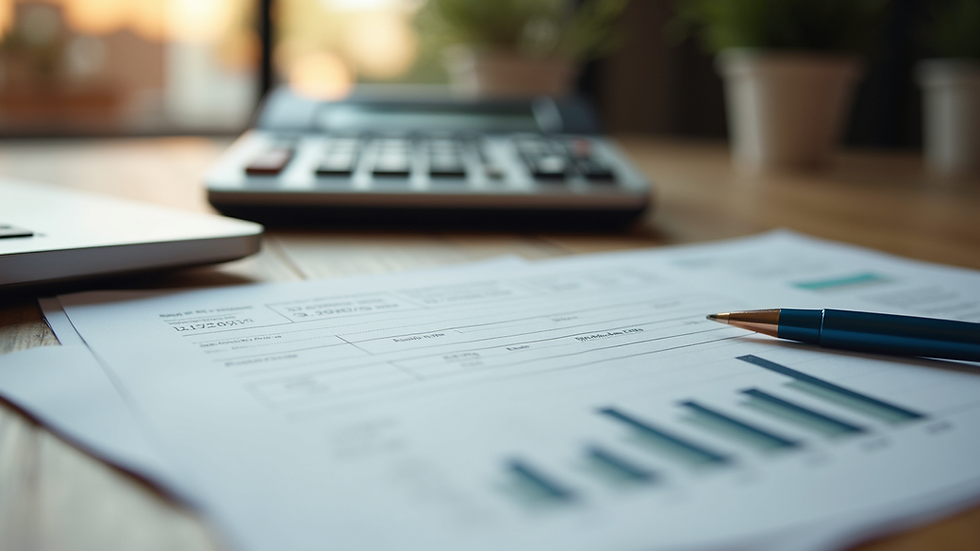 Eye-level view of a calculator and financial documents on a wooden table