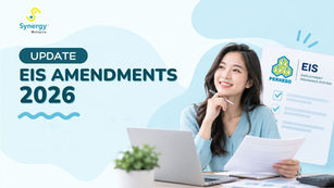 Synergy Malaysia EIS Amendments 2026 article cover featuring a professional woman reviewing documents, alongside the PERKESO Employment Insurance System (EIS) logo.