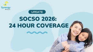 Synergy Malaysia graphic featuring the headline “SOCSO 2026: 24 Hour Coverage” with a smiling mother and daughter against a soft blue background, highlighting PERKESO’s new LINDUNG 24 Jam coverage scheme in Malaysia.