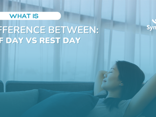 Synergy Malaysia graphic titled ‘What is: Difference Between Off Day vs Rest Day’ featuring a woman relaxing on a sofa with her hands behind her head, symbolizing rest and time off from work