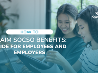 Social media graphic by Synergy Malaysia titled ‘How To Claim SOCSO Benefits’, featuring two women discussing documents on a tablet in an office setting with a teal overlay.