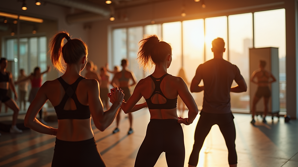 Eye-level view of a fitness class in action at Bryce's Globar