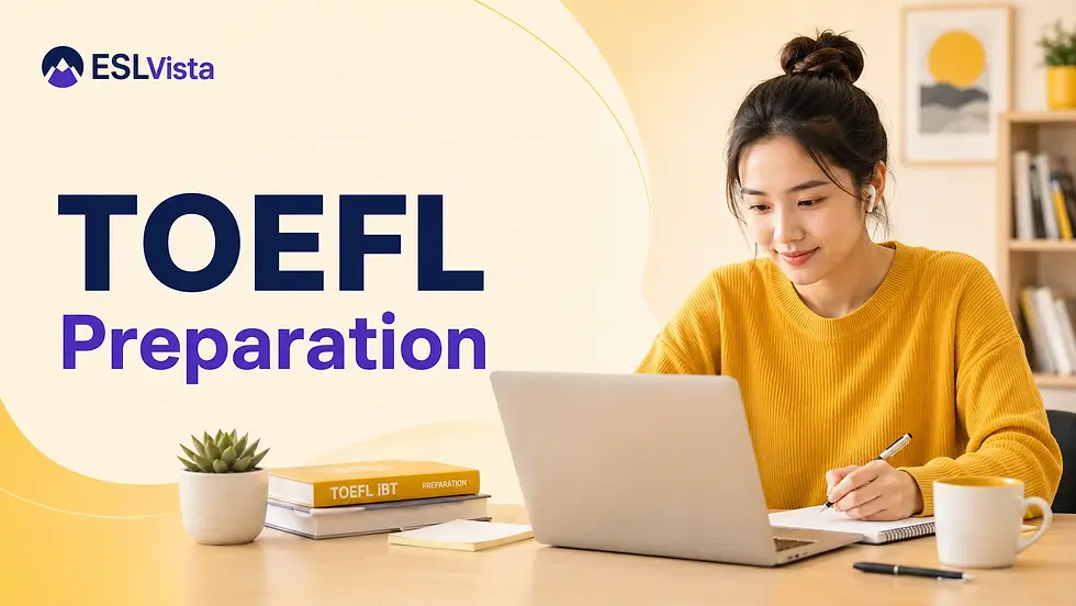 ESLVista TOEFL course for academic English, speaking, writing, reading, listening, and TOEFL exam preparation.