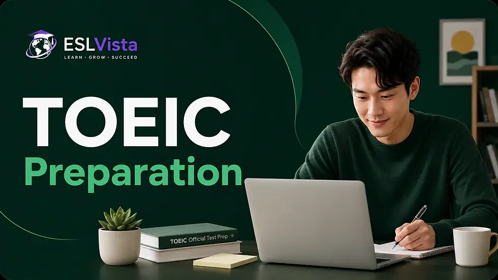 ESLVista TOEIC course for business English, listening, reading, grammar, vocabulary, and exam preparation.