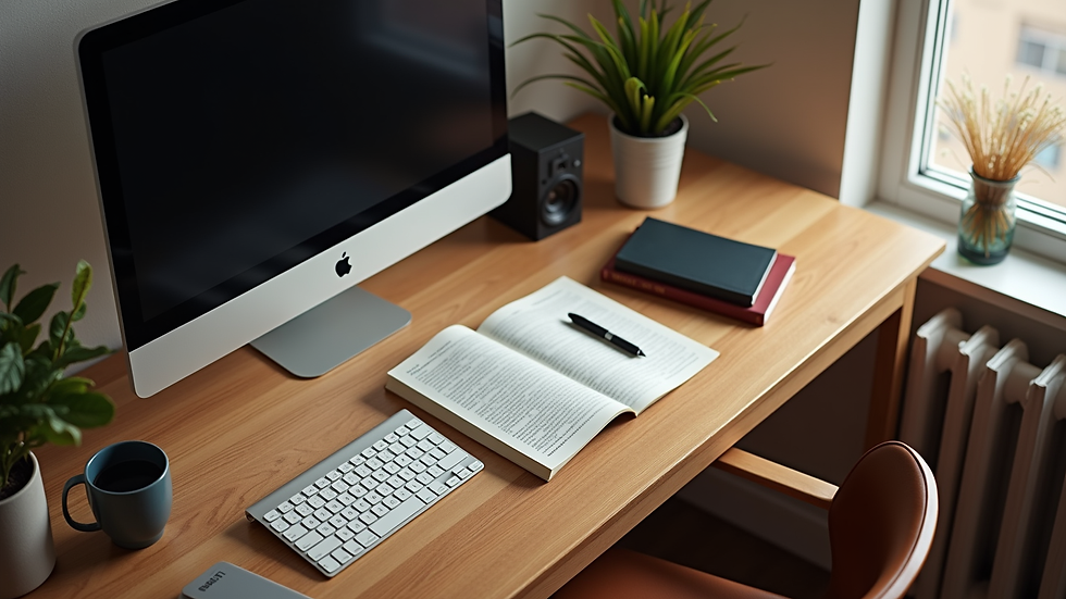 High angle view of a cozy home study space with a computer and English books