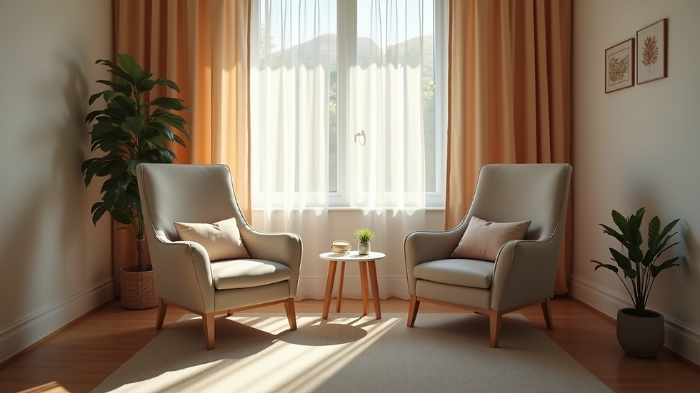 Eye-level view of a cozy therapy room with two chairs facing each other