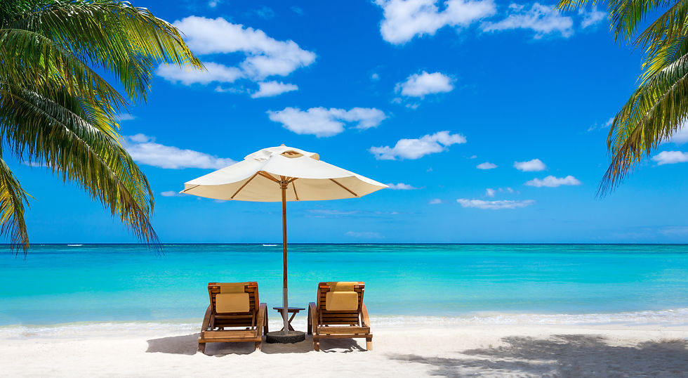 turquoise sea, deckchairs, white sand an