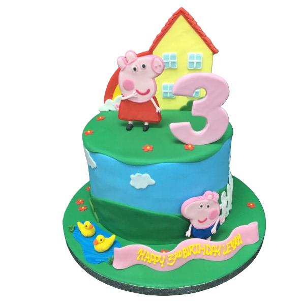 Adorable Peppa Pig Cottage themed cake with intricate fondant details, perfect for a children's birthday celebration in UK.