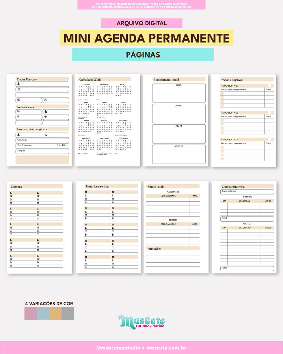 Miniatura: MINI AGENDA PERMANENTE  | A6 |  2 DIAS POR PÁGINA | ARQUIVO DIGITAL