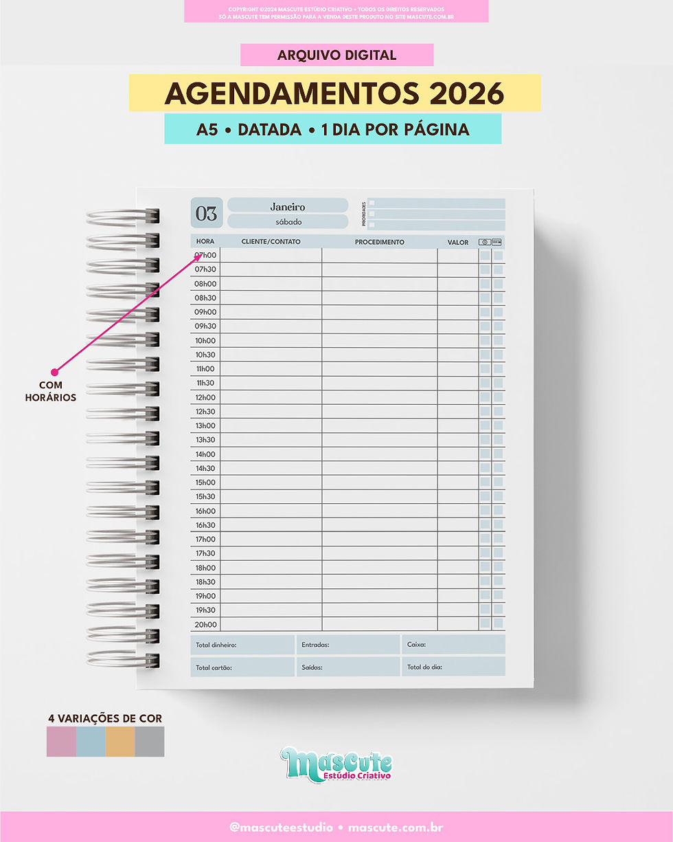 Miniatura: AGENDAMENTOS DATADO 2026 | A5 | 1 DIA POR PG | ARQUIVO DIGITAL