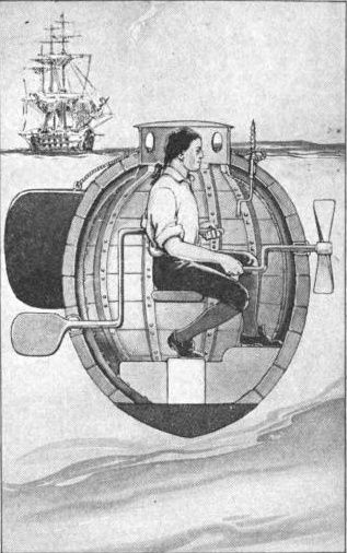 A depiction of David Bushnell’s submarine, 1916 – From The Story of the Submarine by Farnham Bishop. Public Domain.