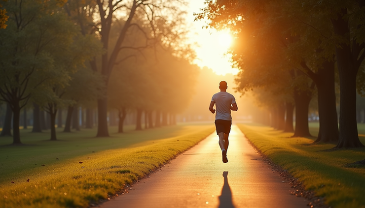 Eye-level view of a runner jogging along a tree-lined park path during early morning