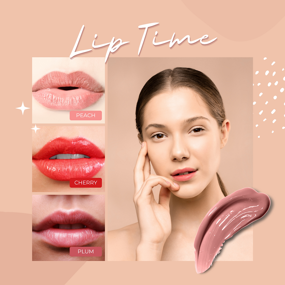 Woman touching face with lip color samples: peach, cherry, plum. Text "Lip Time" on peach background with pink lipstick swipe.