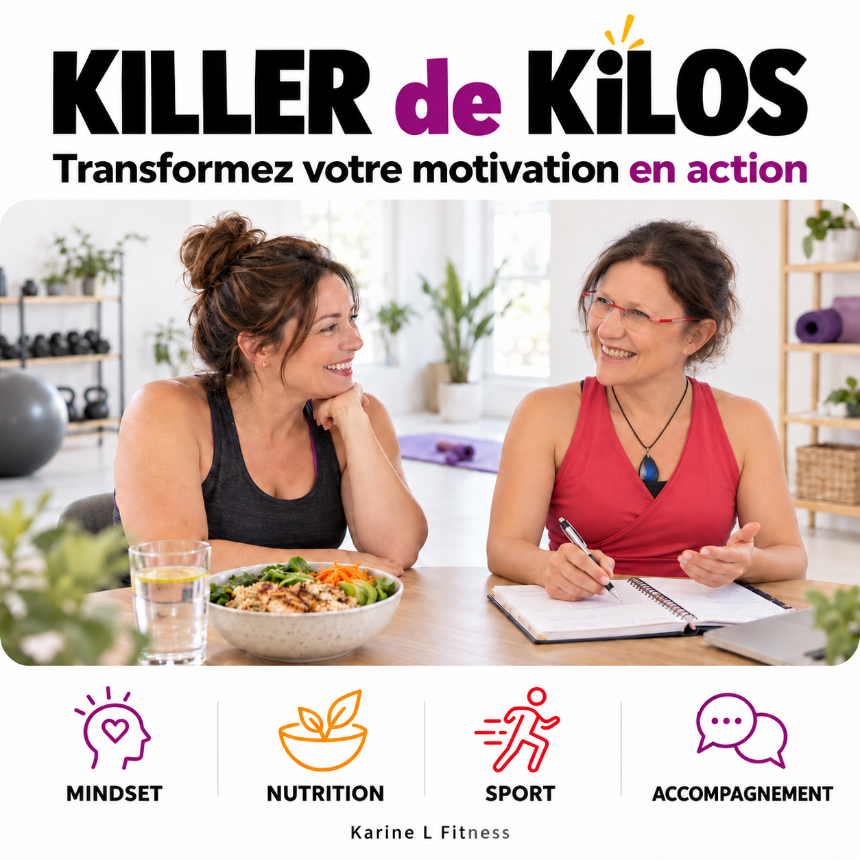 fille avec une altère en body avec à coté d'elle une balance et un mètre