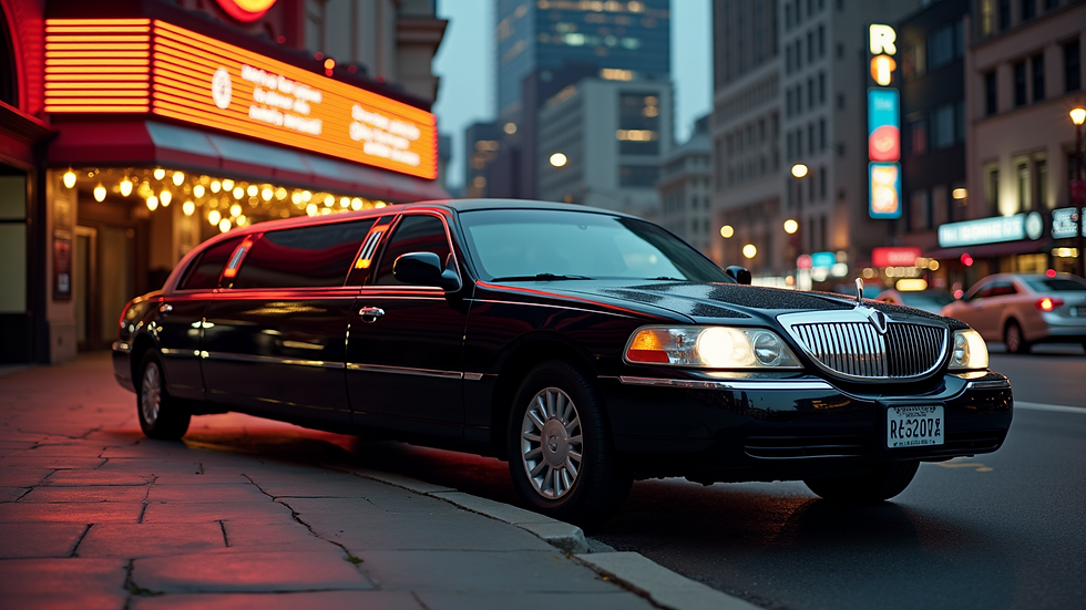 Eye-level view of a sleek black limousine parked outside a concert venue