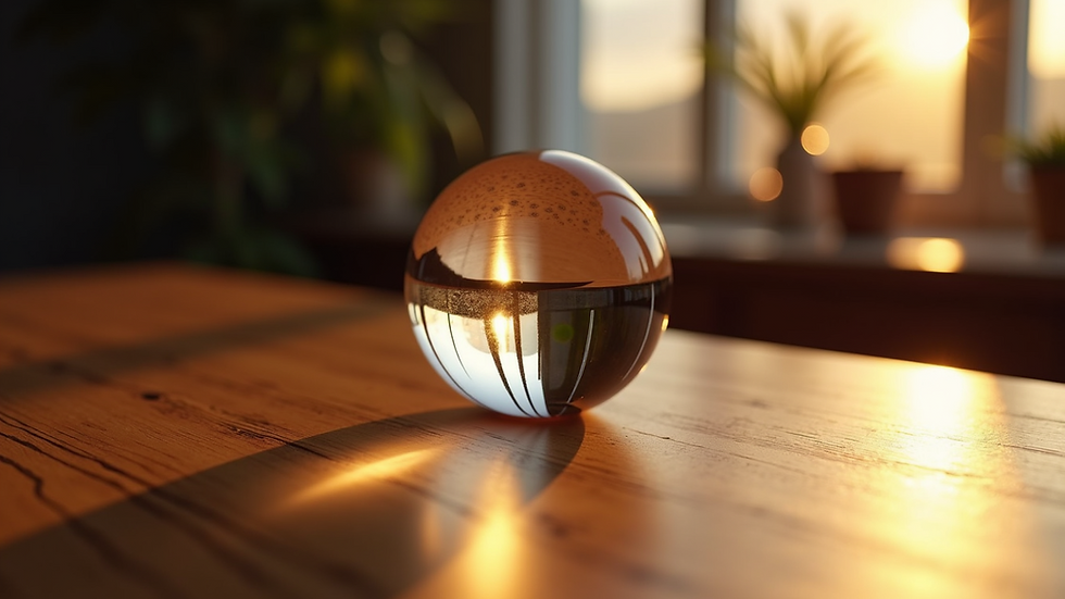 Eye-level view of a glowing crystal sphere resting on a wooden table, symbolizing insight and potential