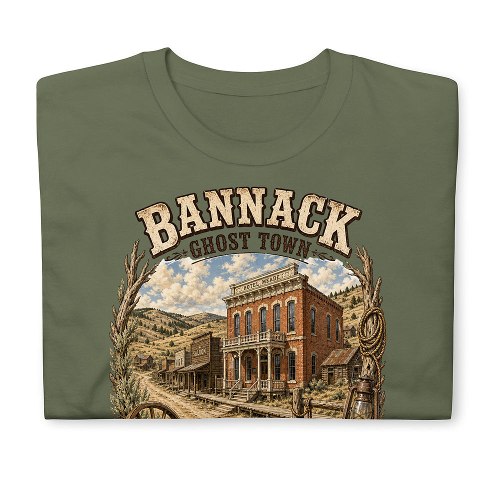 Thumbnail: Military Green Close Up Bannack Ghost Town Montana T‑shirt featuring historic brick hotel, wagon wheel, and sagebrush