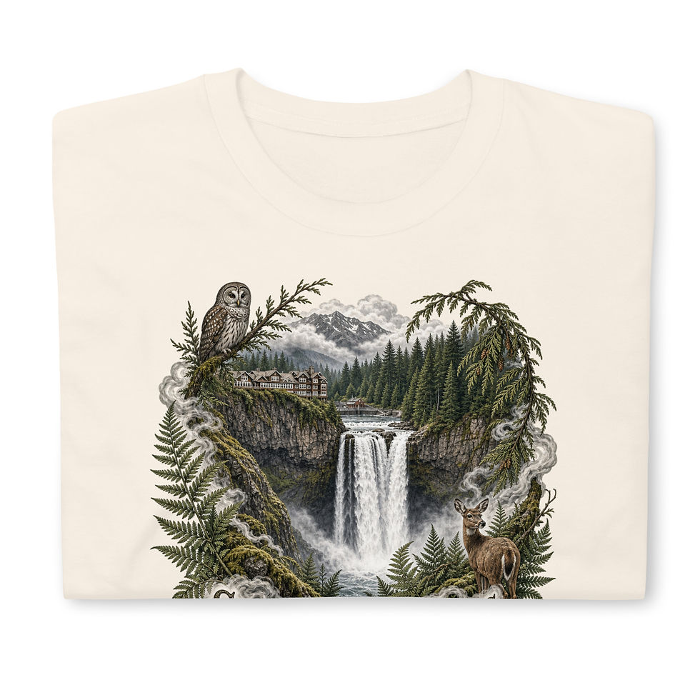 Thumbnail: Natural Close Up Snoqualmie Falls Washington T‑shirt featuring waterfall, forest, owl, elk, and mountain design