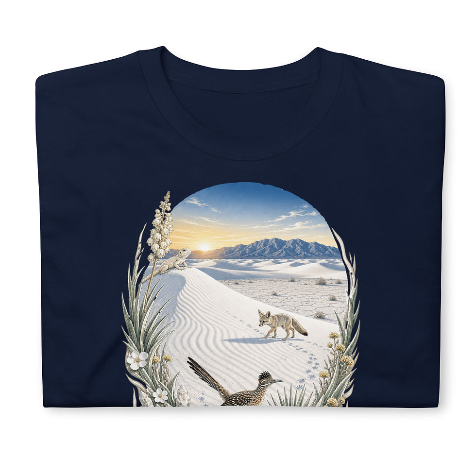 Thumbnail: Navy Close Up White Sands National Park New Mexico T‑shirt featuring white dunes, yucca plants, roadrunner, & mountains