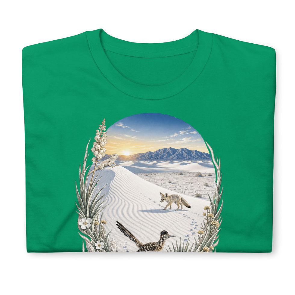 Thumbnail: Kelly Green Close Up White Sands National Park New Mexico T‑shirt featuring white dunes, yucca plants, roadrunner, & mountain
