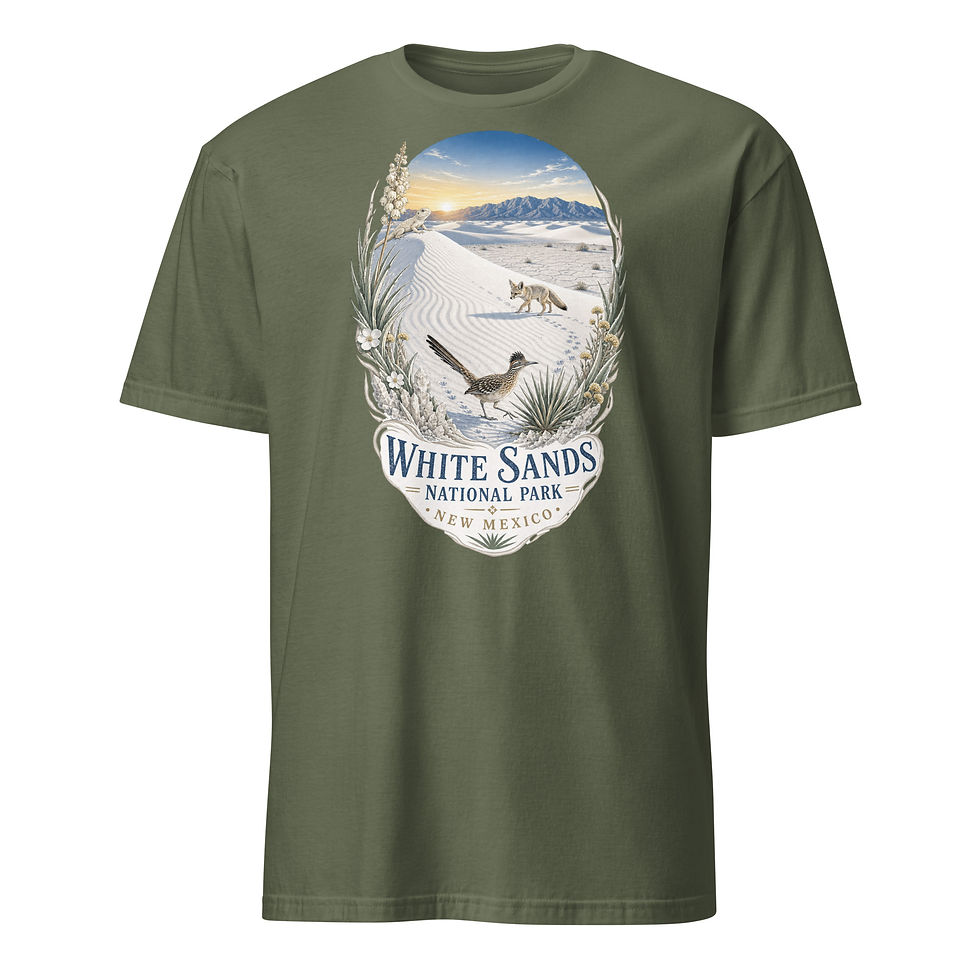 Thumbnail: Military Green Front View White Sands National Park New Mexico T‑shirt featuring white dunes, yucca plants, roadrunner