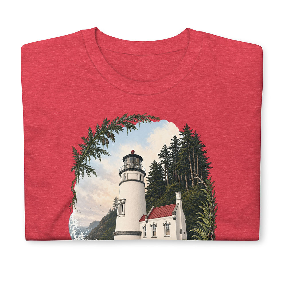 Thumbnail: Heather Red Close Up Heceta Head Lighthouse T‑shirt featuring Oregon coast cliffs and evergreen trees