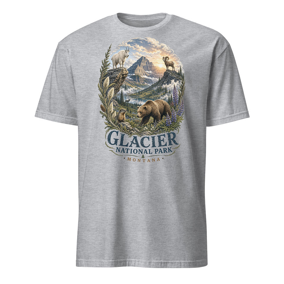 Thumbnail: Sports Grey Front View Glacier National Park Montana T‑shirt featuring grizzly bear, mountain goats, alpine wildflowers