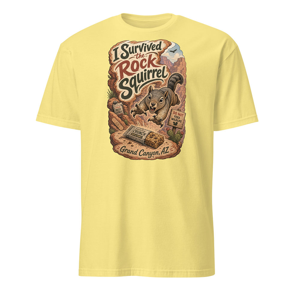 Thumbnail: Cornsilk Front View I Survived the Rock Squirrel Grand Canyon T‑shirt featuring cartoon squirrel, canyon backdrop, and Do Not