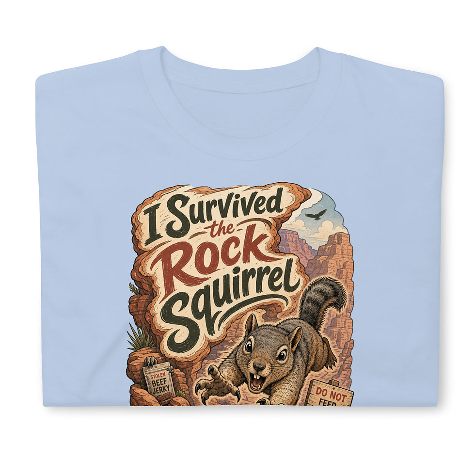 Thumbnail: Light Blue Close Up I Survived the Rock Squirrel Grand Canyon T‑shirt featuring cartoon squirrel, canyon backdrop, and Do Not