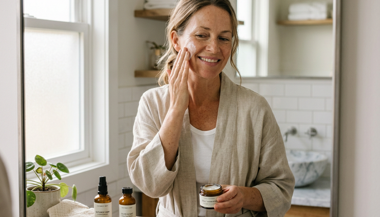 Eye-level view of a woman applying moisturiser in a calm bathroom