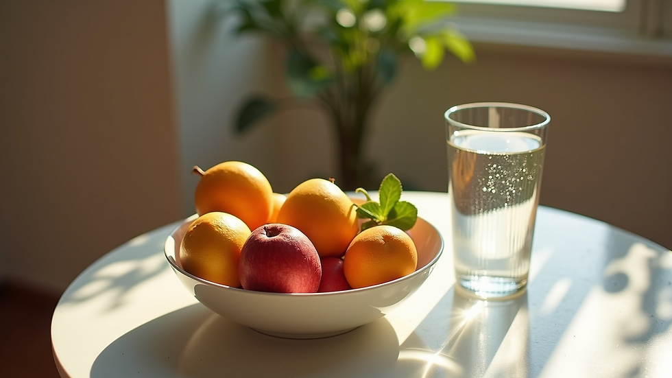 High angle view of a bowl of fresh fruits and a glass of water on a table