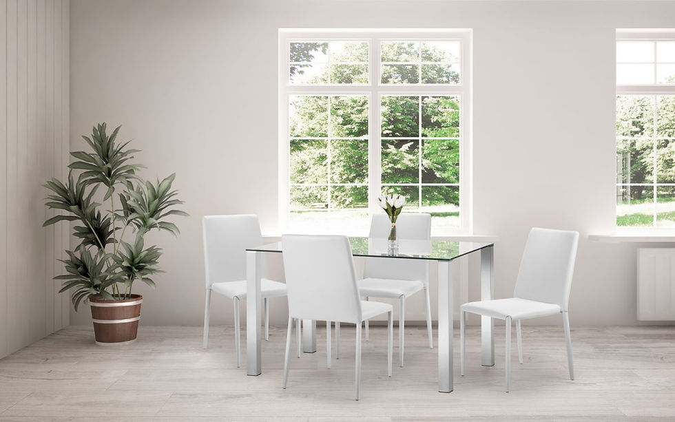 White faux leather dining chairs with glass table