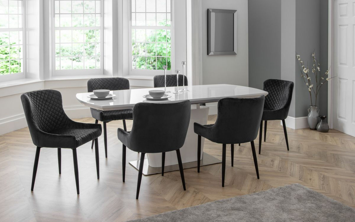 Como White High Gloss Dining Table & 6 Luxe Grey Velvet Dining Chairs