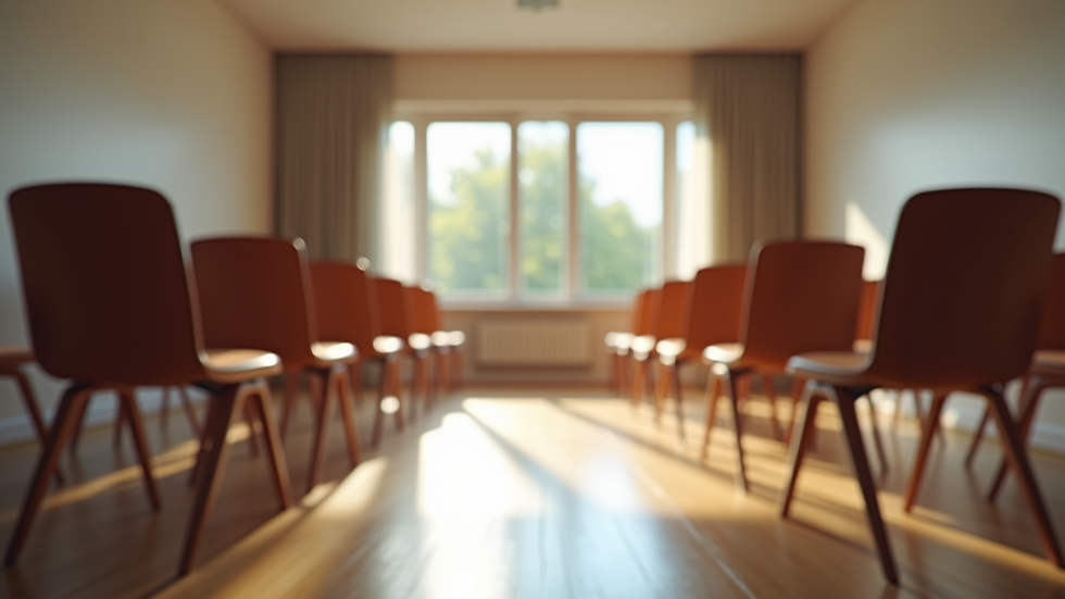 Close-up view of a community meeting room with chairs arranged in a circle