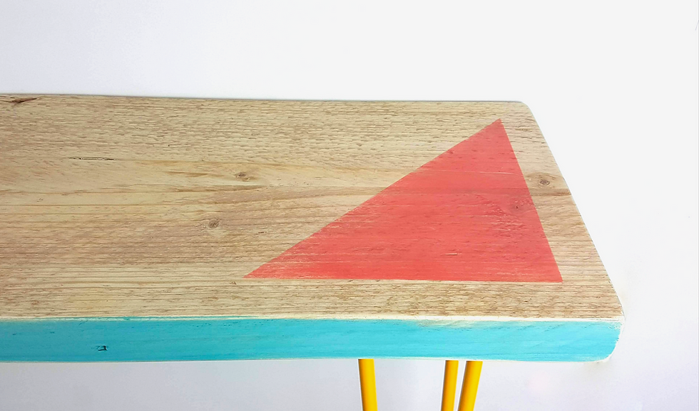 Reclaimed scaffold board console table  geometric design close up by Orange Otter