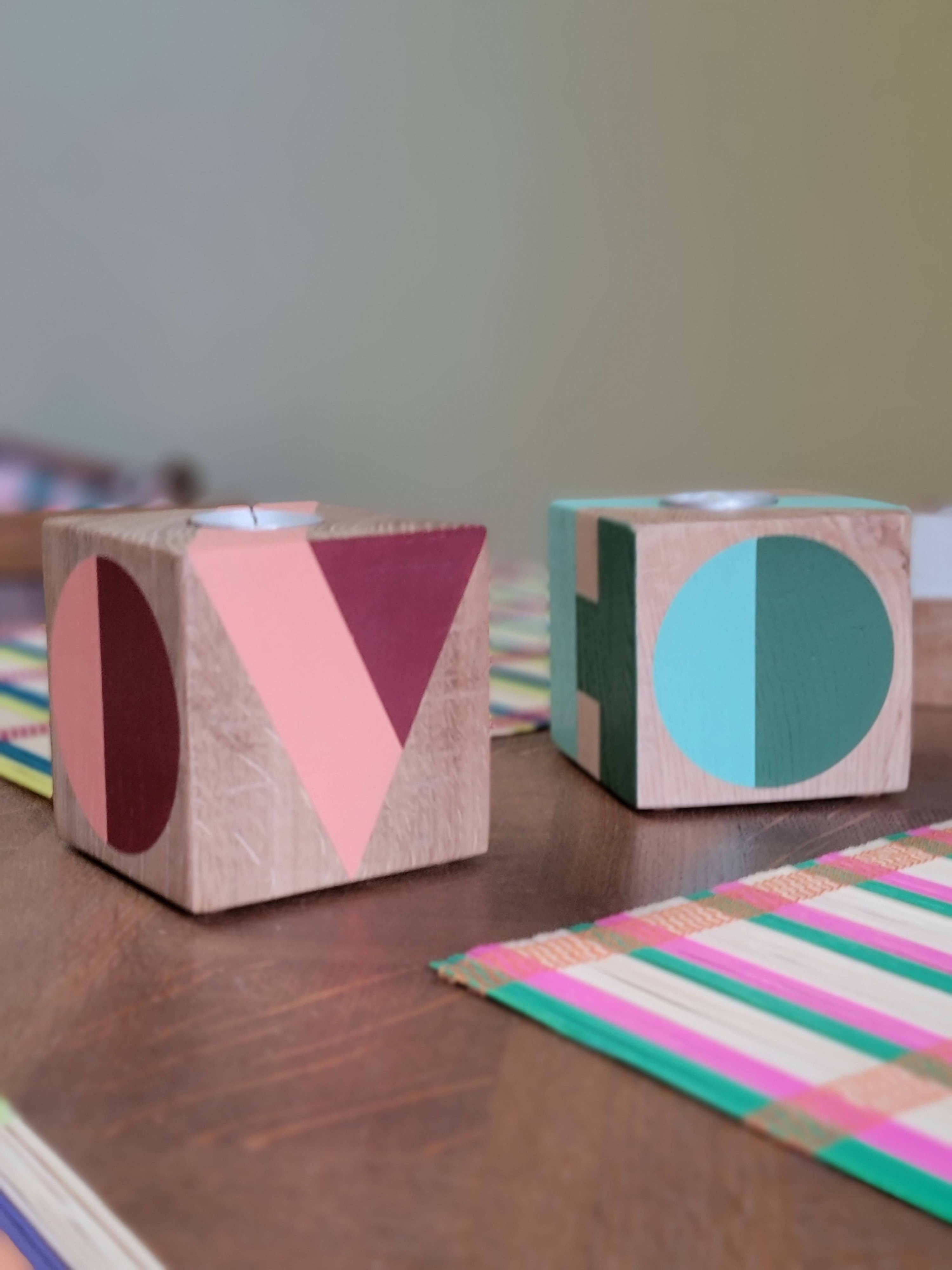 LOVE and HOPE pair of wooden cube candle holders