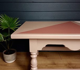 Sustainable furniture refinished pink geometric triangle painted wooden coffee table