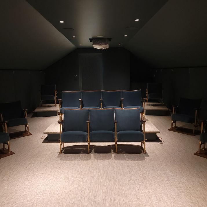 Rows of blue cinema seats in a converted loft space.