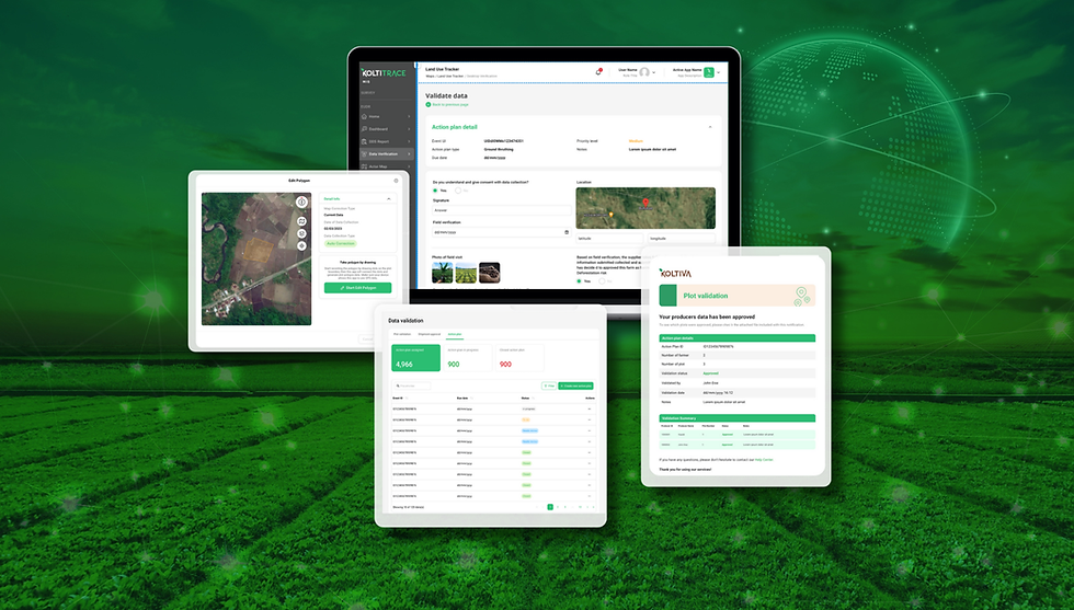 Interface du système de gestion de la conformité affichant les cas de risque de déforestation et les flux de travail de vérification. - Koltiva.com